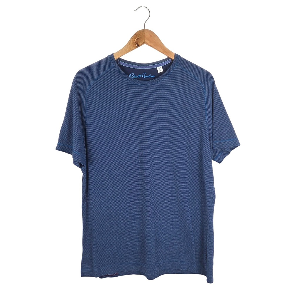 Robert Graham Mens Blue Striped Classic Fit Crew Neck T-Shirt Size L Casual